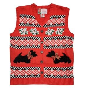 Merry Christmas Scottie Dog Knit Sweater Vest Red Holiday Festive Womens Large